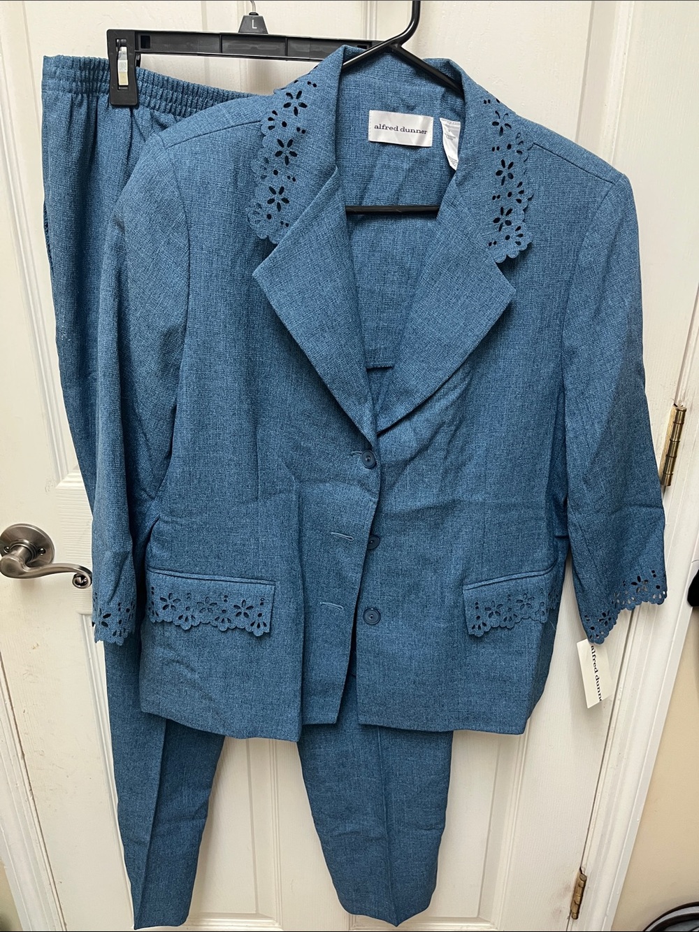 Alfred Dunner Blue Eyelet-Trim Casual Blazer and Pants